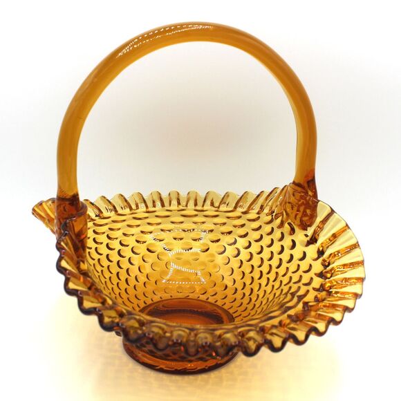 Vintage Large Fenton Amber Gold Glass Basket Ruffled Edge Hobnail Pattern 9" - Picture 4 of 8